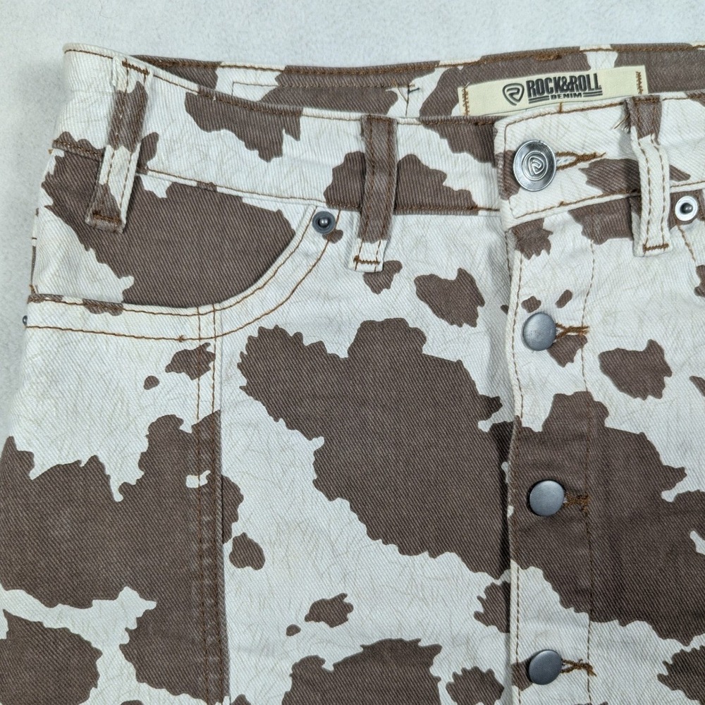 Rock & Roll Denim Womens Cow Print High Rise Button Front Mini Skirt Brown W27